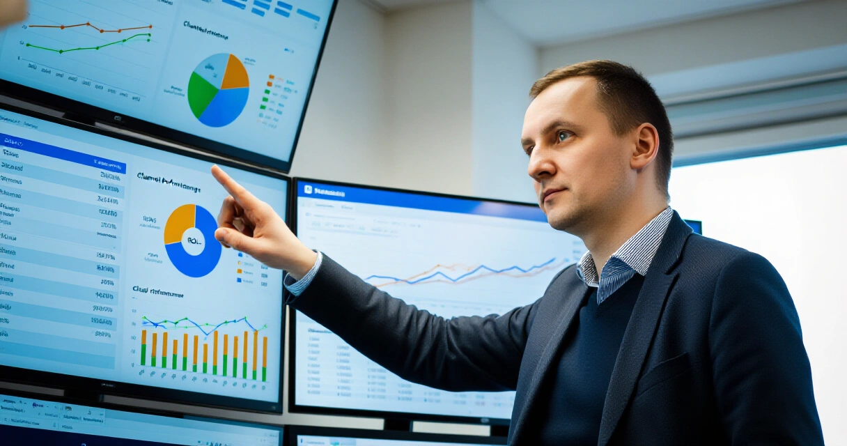 Markkinointiammattilainen analysoi kanavien ROI-dataa toimistossa