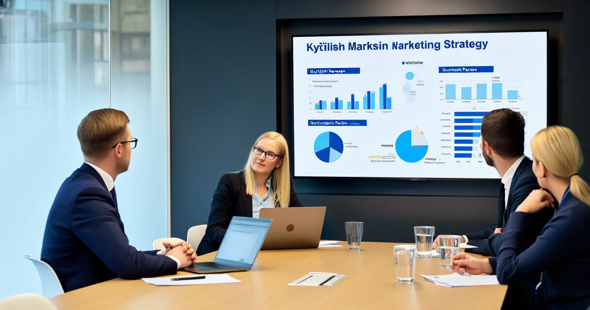 B2B-markkinointistrategian suunnittelu kokoushuoneessa tiimin kanssa