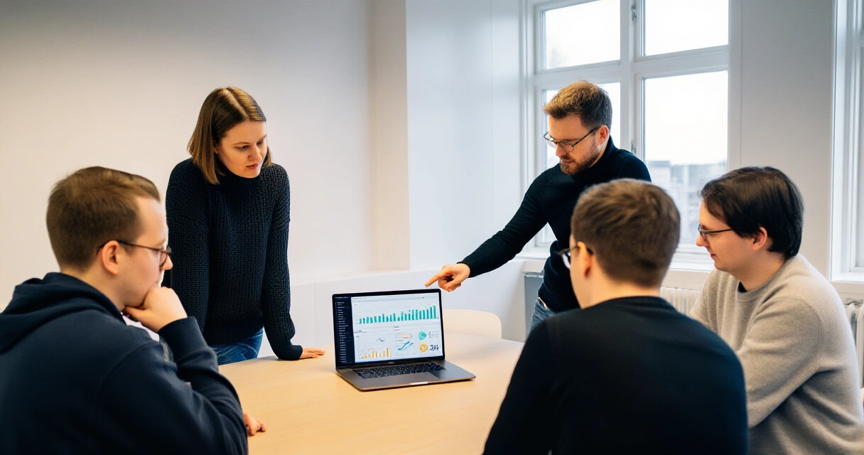 Kasvuhakkerointi tiimi tarkastelee kasvumittareita modernissa toimistossa