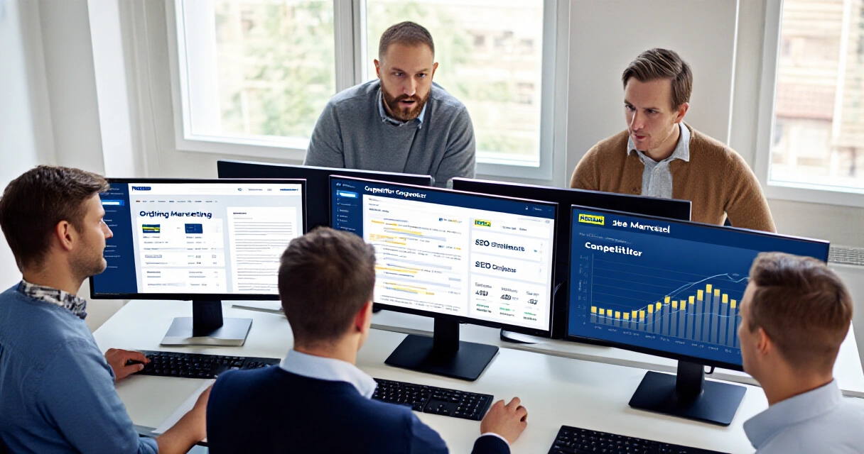 SaaS-markkinointitiimi analysoi Ahrefs-kilpailija-analyysia toimistossa