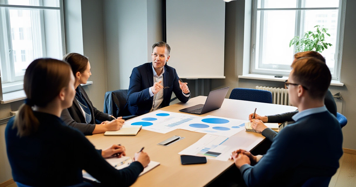 Suomalainen asiantuntija esittelee thought leadership -sisältöä B2B-kokouksessa