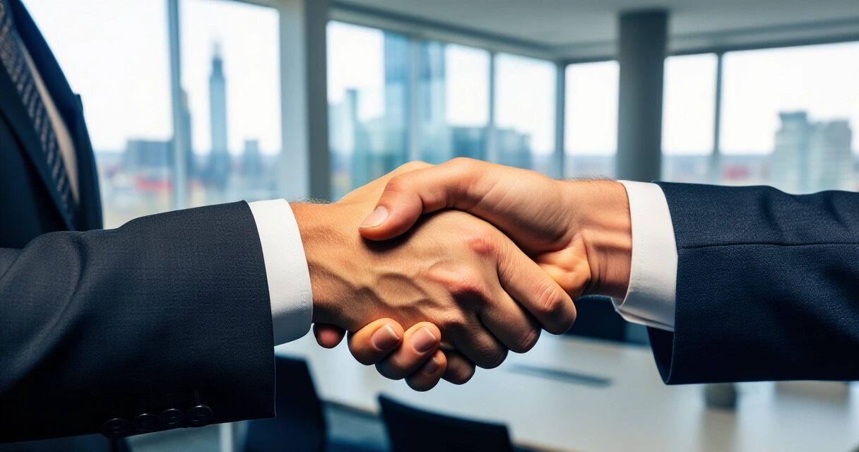 B2B-referenssimarkkinointi: liikekumppanit kättelevät toimistossa