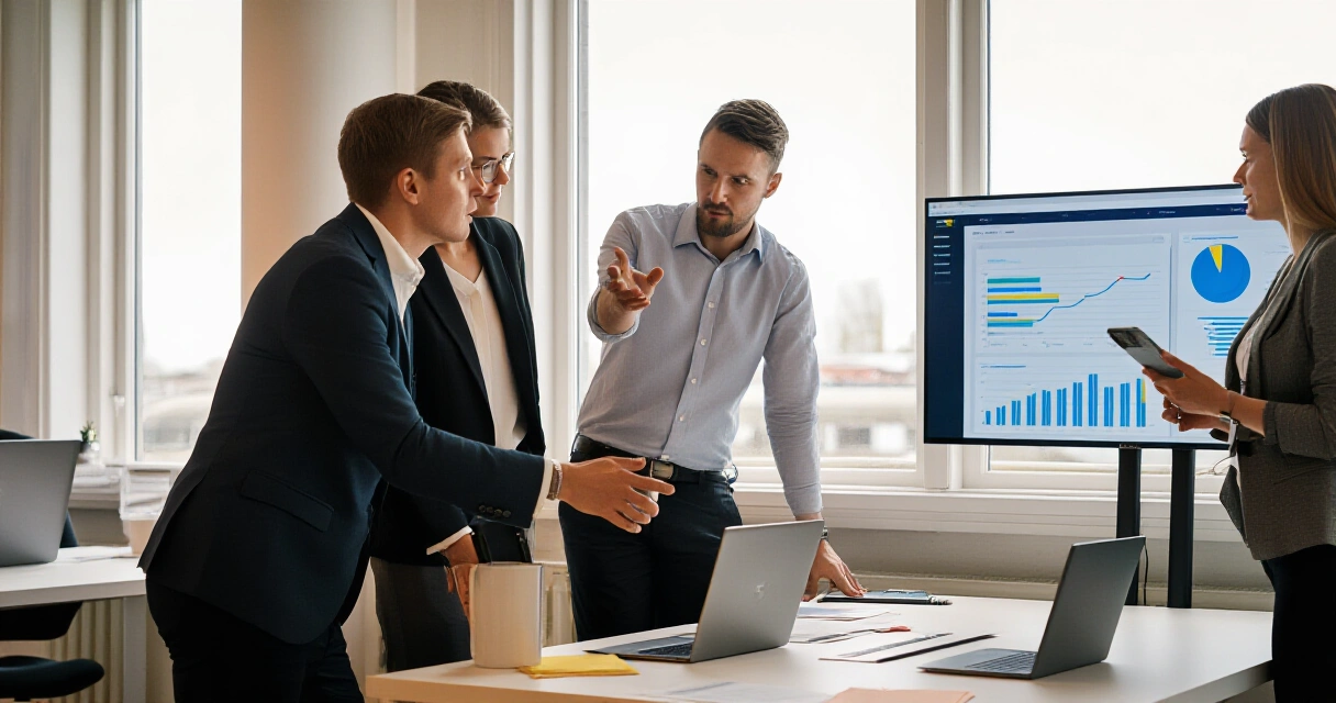 B2B-myyntitiimi analysoi Leadfeeder-liidiraporttia toimistossa
