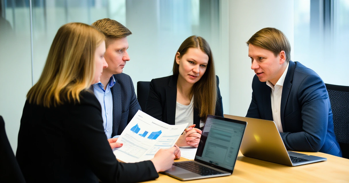 B2B-ostokomitea kokouksessa arvioimassa hankintavaihtoehtoja toimistossa