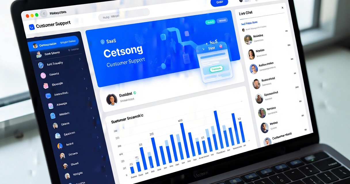 Intercom-tyyppinen asiakasviestintäalusta kannettavan tietokoneen näytöllä