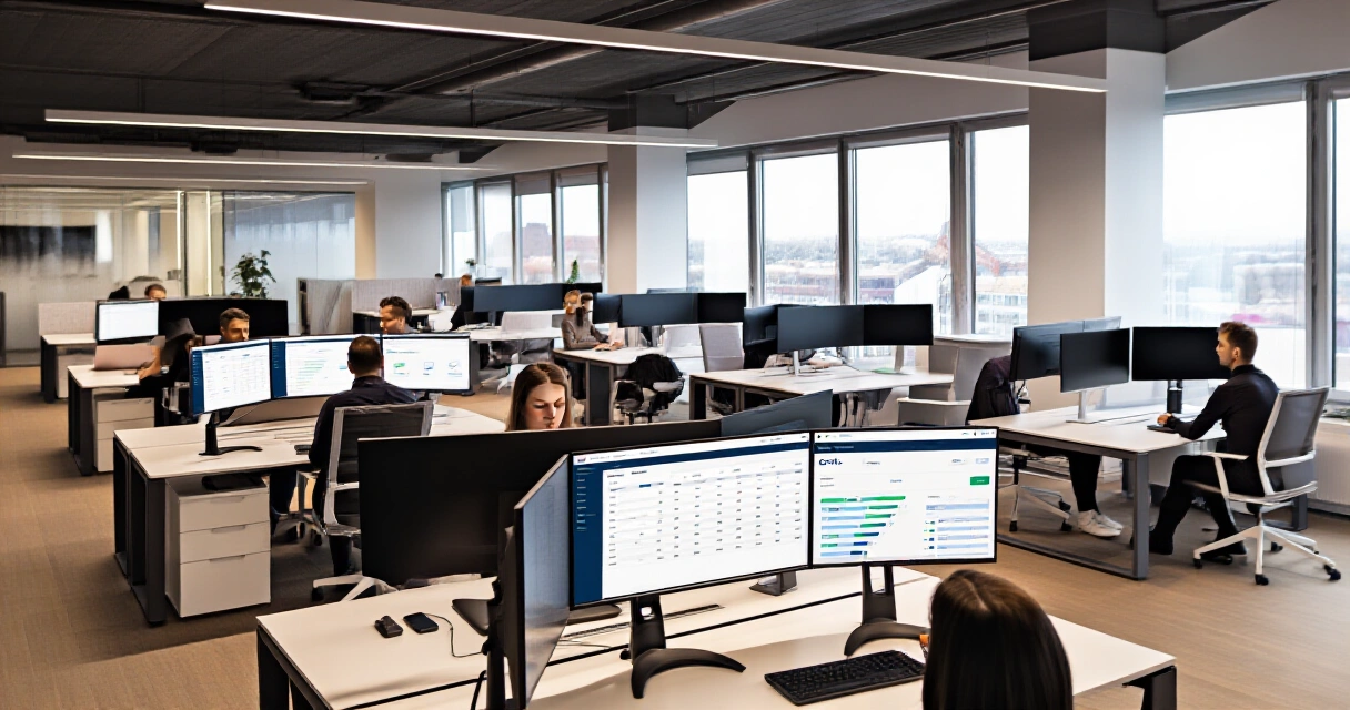B2B-toimisto jossa näkyy CRM-myyntiputki isoilla näytöillä