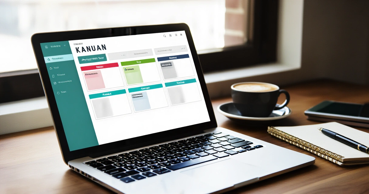 Kannettava tietokone Kanban-näkymällä siistillä työpöydällä